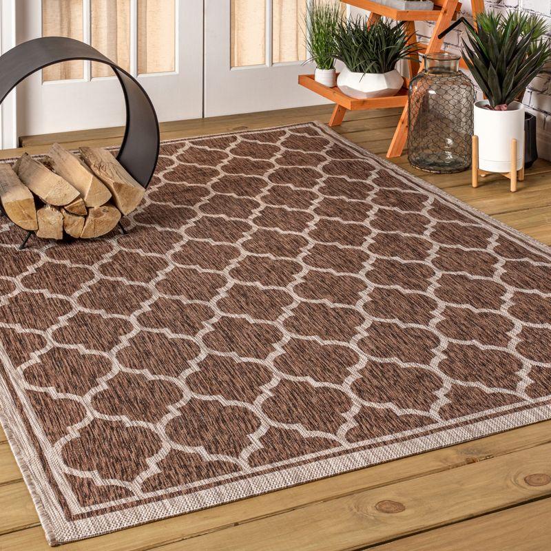9' X 12' Trebol Moroccan Trellis Textured Weave Indoor/Outdoor Area Rug, Espresso/Taupe - JONATHAN Y