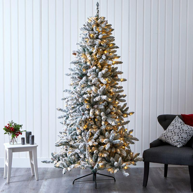Nearly Natural 7.5' Pre-Lit LED Flocked Slim Livingston Fir with Pinecones, Electric Powered