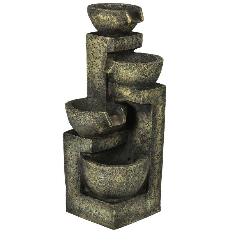 Outsunny Outdoor Fountain with 4-Tier Stacked Stone Look Bowls, Cascading Waterfall, Adjustable Flow & LED Lights, Rustic Zen Garden Décor, Gray