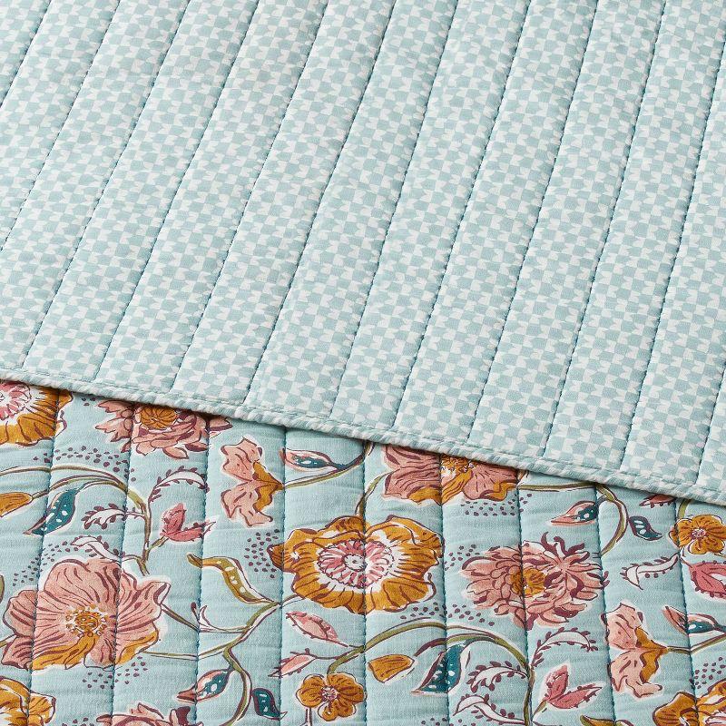 Full/Queen Earthy Vines Quilt Light Teal Blue/Mustard Yellow/Light Pink Floral - Threshold™: Cotton Voile, Machine Washable, OEKO-TEX Certified