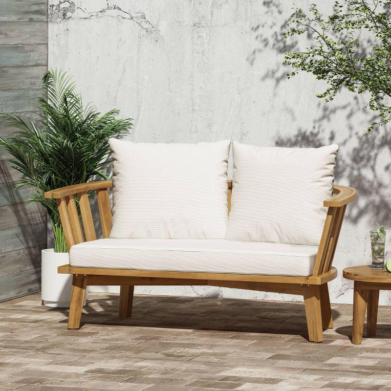 Solano Outdoor Wooden Loveseat with Cushions - White/Teak - Christopher Knight Home: Acacia Patio Sofa with UV-Resistant Foam Cushions