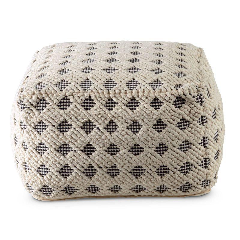 Transitional Black and Cream Handwoven Square Pouf