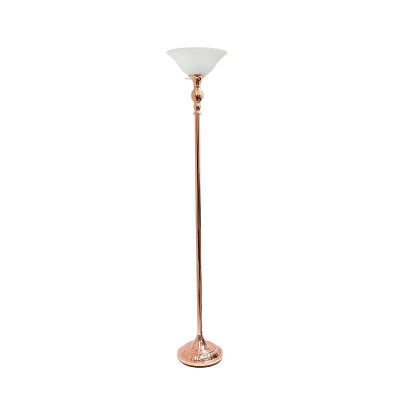 Elegant Rose Gold Torchiere Floor Lamp with Marbleized White Glass