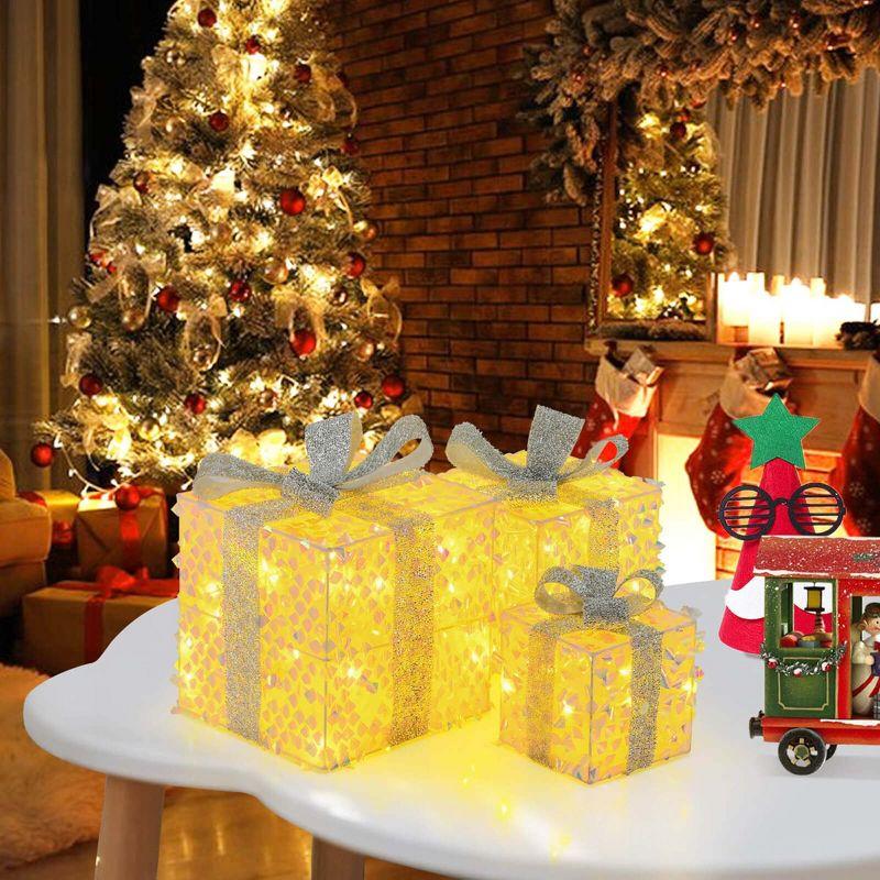 Costway 3 PCS Christmas Lighted Gift Boxes with 90 LED Lights Zip Ties Ground Stakes