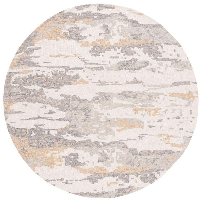 Ivory and Grey Abstract Handmade Wool Round Rug, 6' x 6'