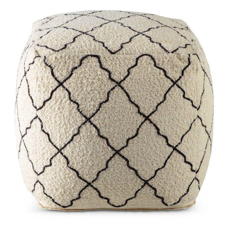 Cream and Black Handwoven Cotton Square Pouf