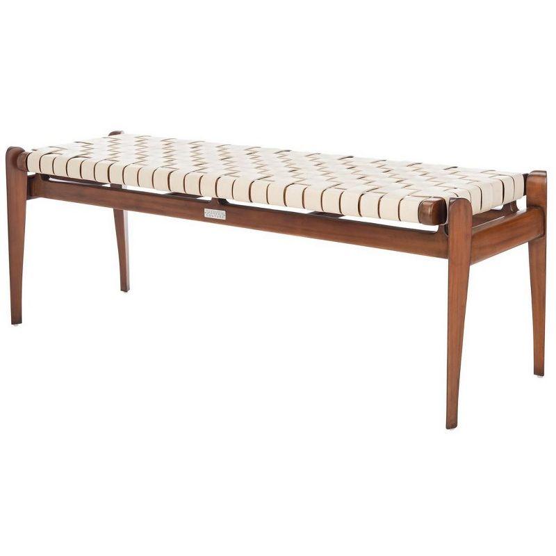 Dilan Sophisticated White Genuine Leather Bench with Mahogany Frame