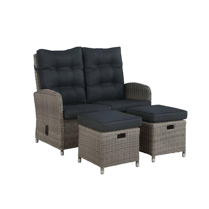 Monaco 3pc Set with 2 Seat Reclining Bench & 2 Ottomans - Gray - Alaterre Furniture: All-Weather Wicker, Aluminum Frame