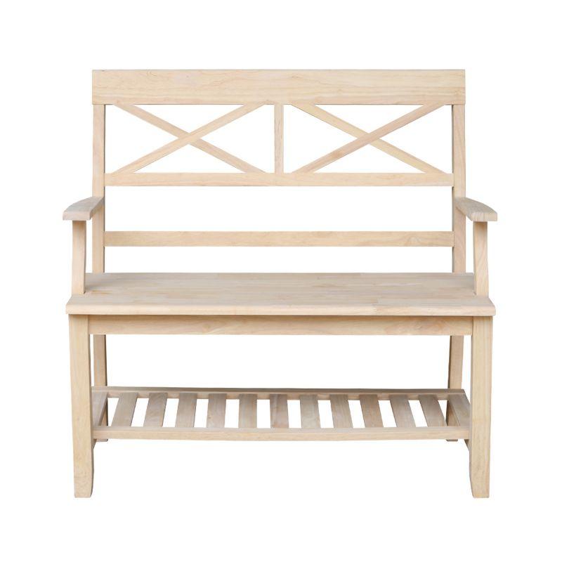 Double X-Back Bench with Arms and a Shelf - International Concepts: Hardwood Frame, Non-Upholstered, 2-Person Seating