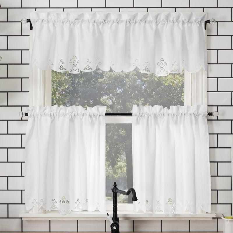 14"x58" Mariela Floral Trim Semi-Sheer Rod Pocket Kitchen Window Valance and Tiers Set White - No. 918: Light Filtering Kitchen Curtains Set