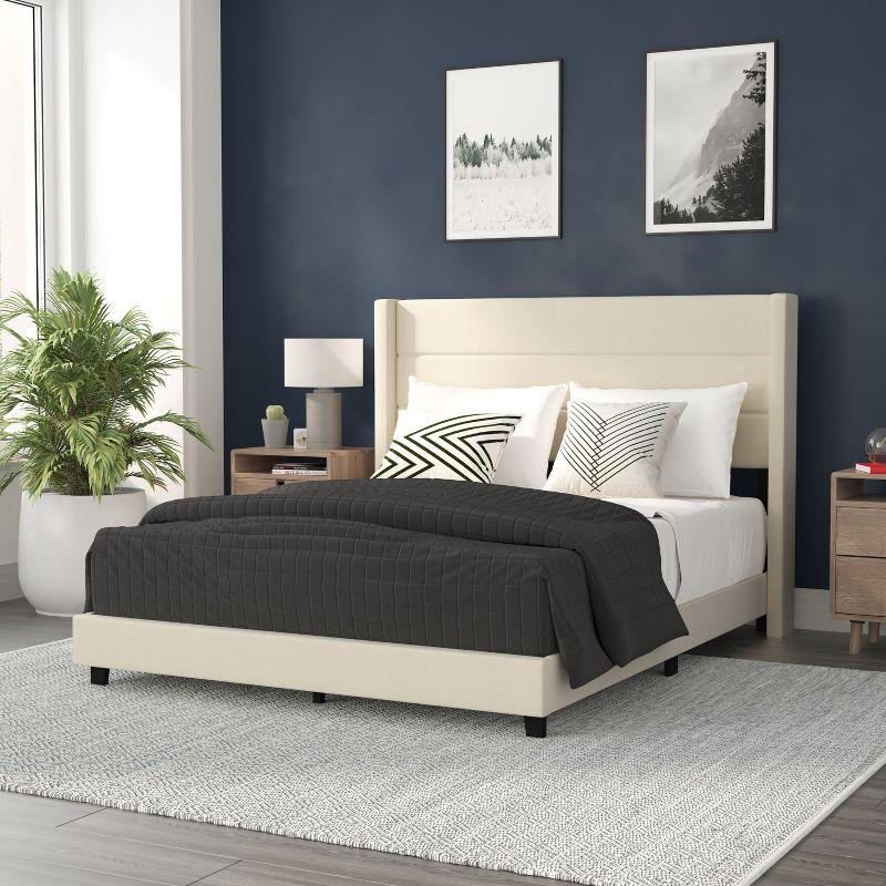 Beige Faux Linen Queen Upholstered Platform Bed with Wingback Headboard