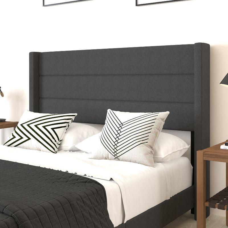 Merrick Lane Modern Queen Platform Bed with Padded Channel Stitched Charcoal Faux Linen Upholstered Wingback Headboard and 6" Underbed Clearance
