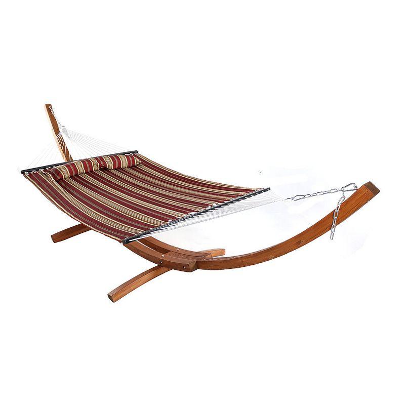 Red Stripe Quilted Double Fabric Hammock with Curved Wood Stand