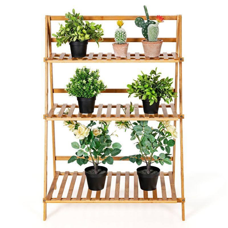 Costway Bamboo Ladder Plant Stand 3-Tier Foldable Flower Pot Display Shelf Rack Natural