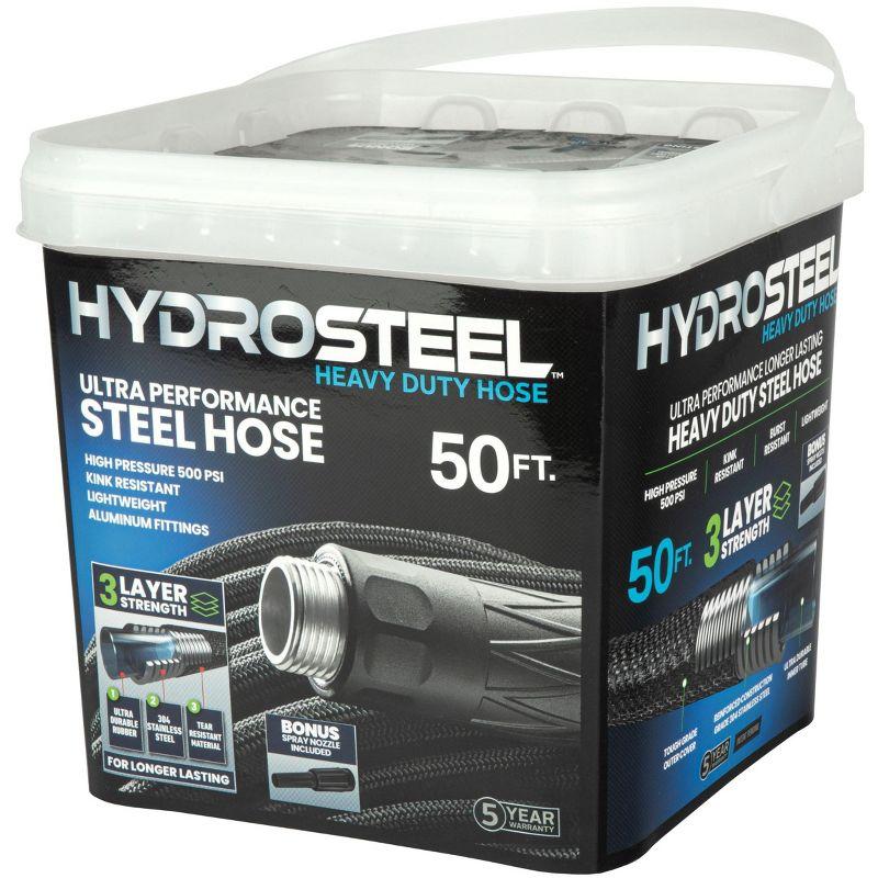 Hydrosteel Heavy Duty 50 Ft Ultra Performance Steel Garden Hose in a Bucket