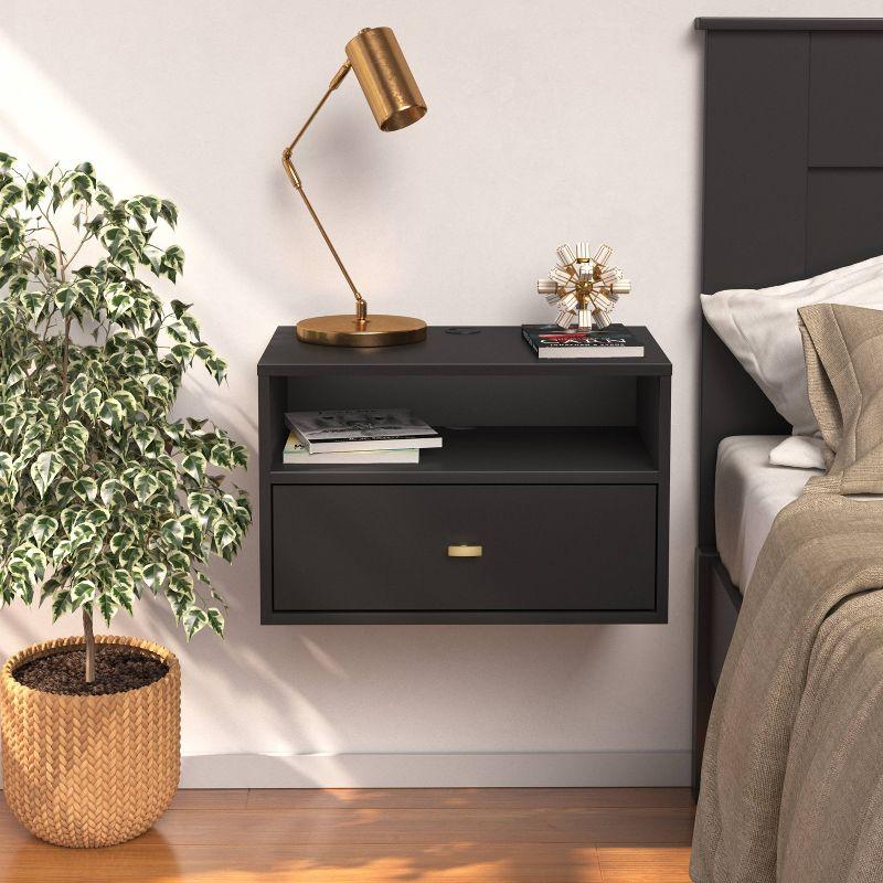 Floating 1 Drawer Nightstand with Open Shelf Black - Prepac: Modern Wall-Mounted Design, Cable Management, Laminated Surface