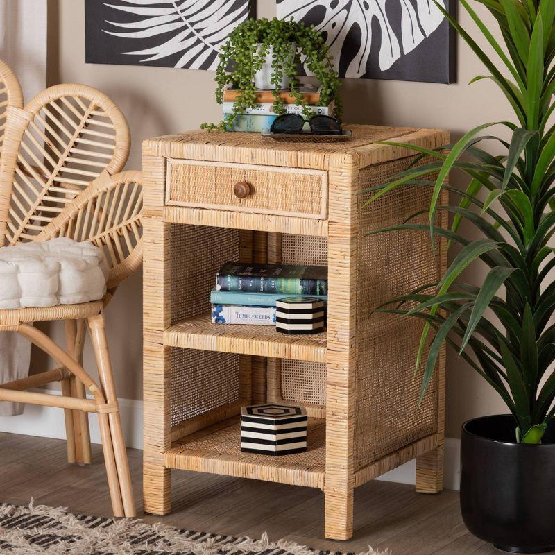 Bella Mahogany Wood and Natural Rattan 1 Drawer Nightstand Natural Brown - Baxton Studio