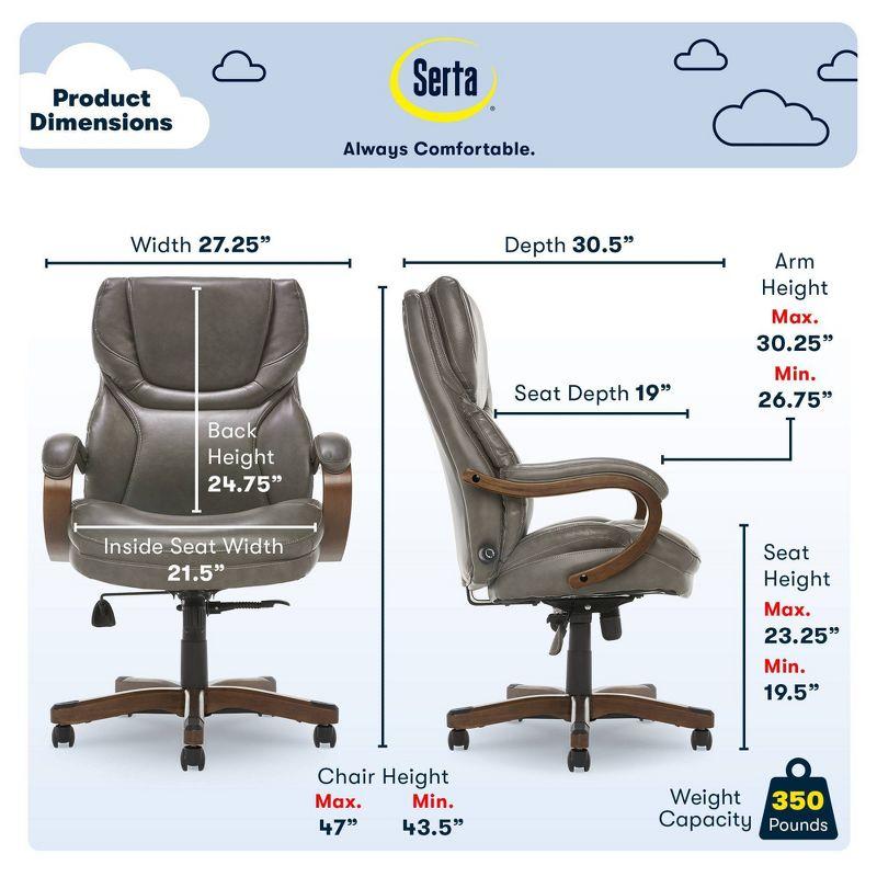 Big and Tall Executive Office Chair with Upgraded Wood Accents Mindset Gray - Serta: Bonded Leather, 350lb Capacity
