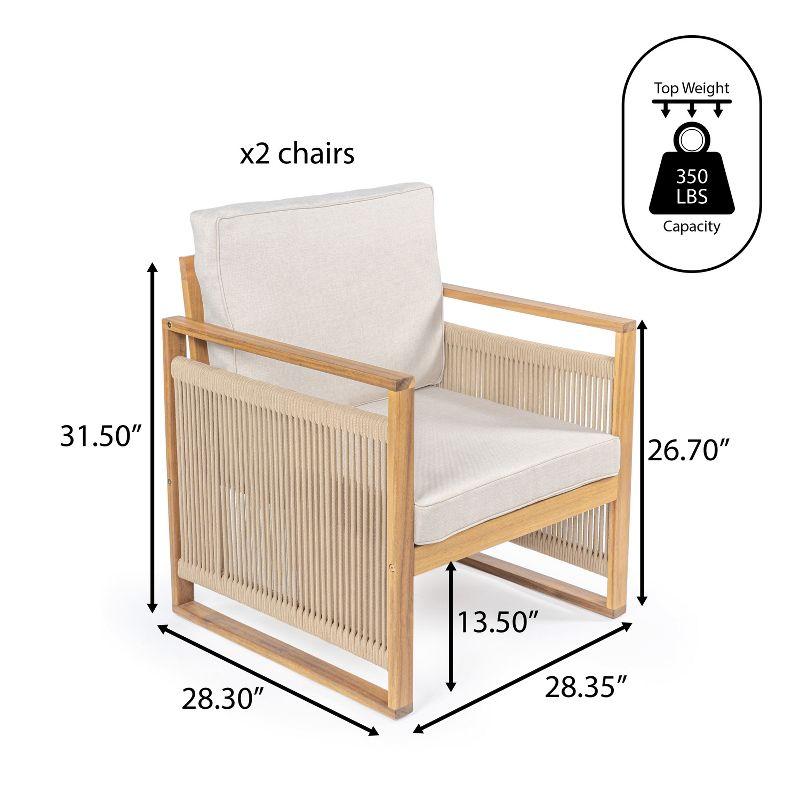 Gable Mid-Century Modern Roped Acacia Wood Outdoor Patio Chair with Cushions, Beige/Light Teak (Set of 2) - JONATHAN Y