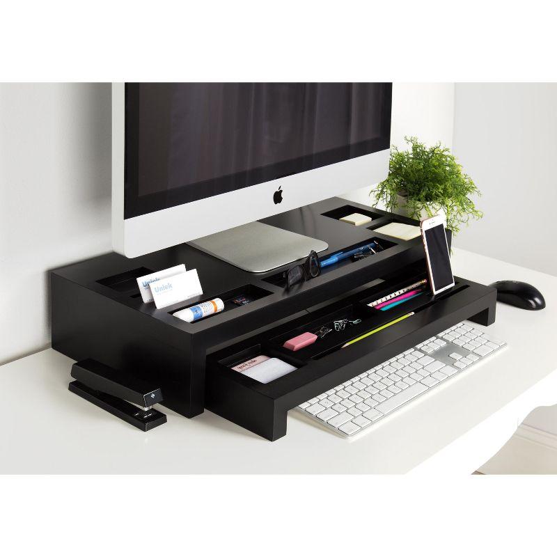 Black Wood Desktop Monitor Stand with Organizer Slots