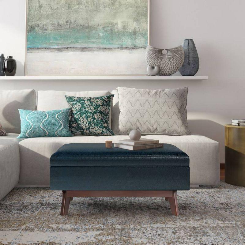 Simpli Home Owen 36"W Small Upholstered Storage Ottoman with Lift Top and Solid Wood Legs