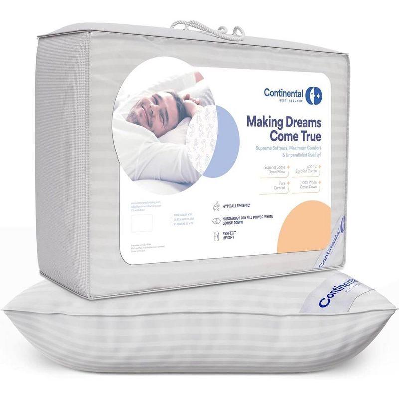 ContinentalBedding 700 Fill Power 100% White Goose Down Bed Pillows 100% Cotton Firm, Medium and Soft (1 Pillow)