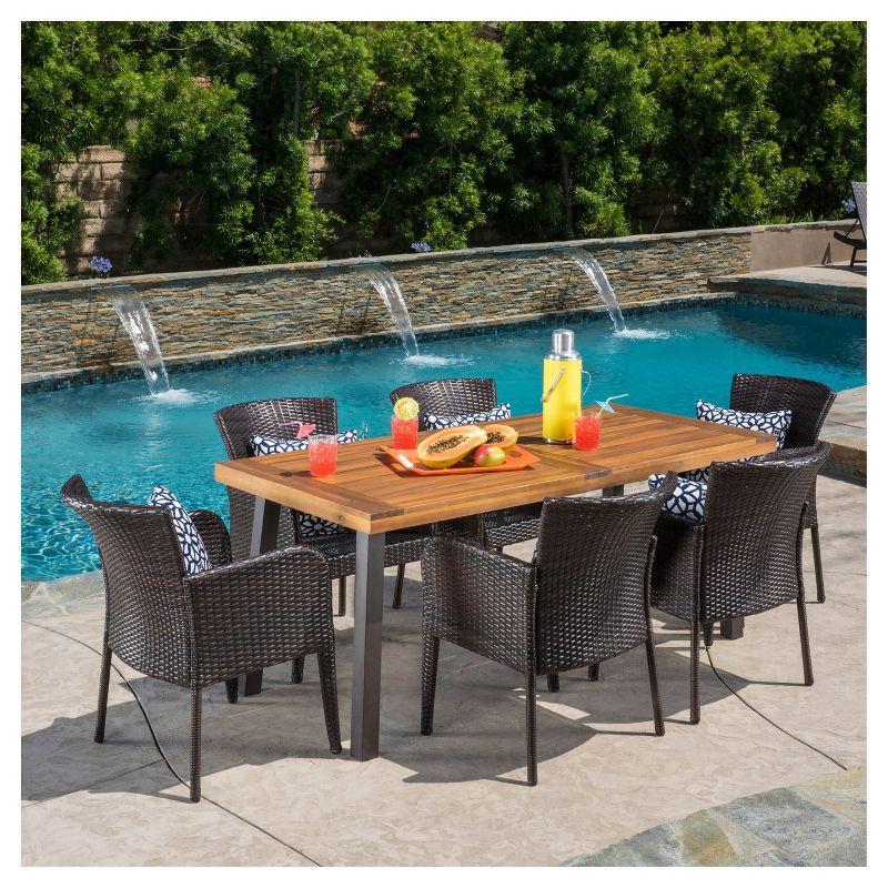 Denaya 7pc Rectangle All-Weather Wicker & Wood Patio Dining Set - Brown/Natural - Christopher Knight Home: Galvanized Steel Hardware