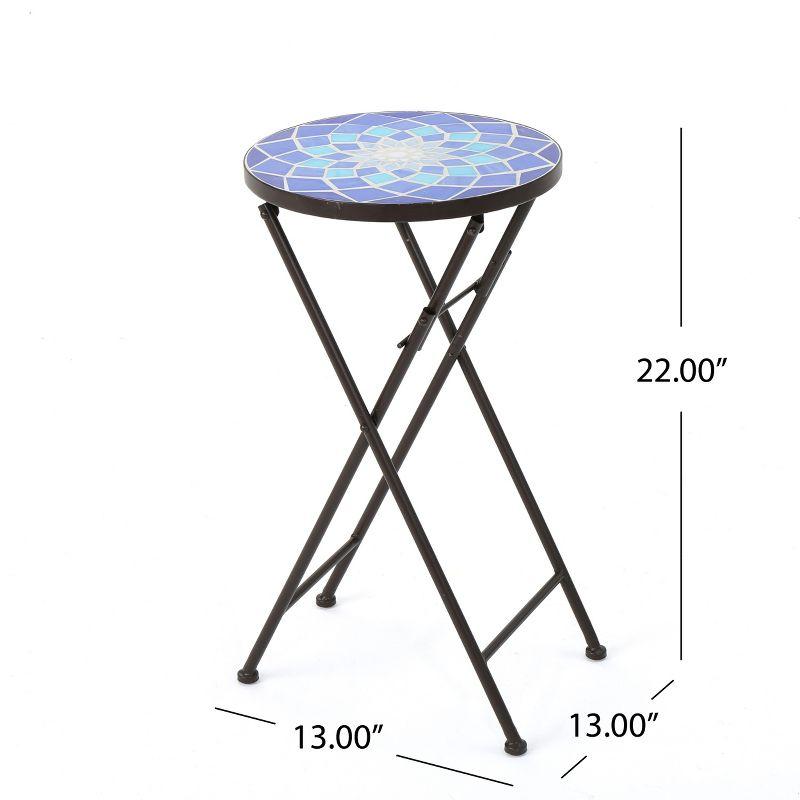 Fleur De Lis Living Folding Blue and White Top Side Table with Iron Frame, Multifunctional Plant or Beverage Stand