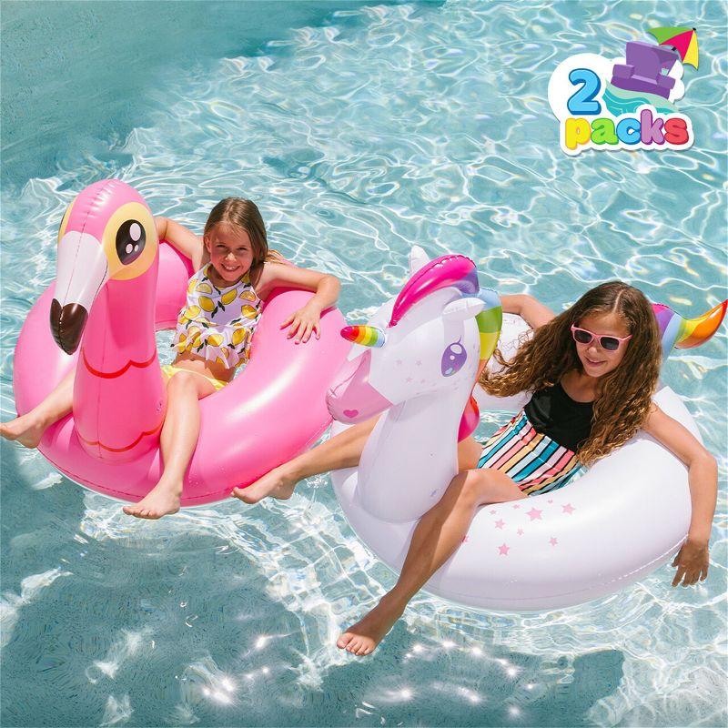 Joyfy 2 Packs Pool Floats Tube, Inflatable Unicorn Flamingo Pool Toys Floaties with Headrest, Pool Swim Ring for Kids Adults Beach Lake Summer Fun