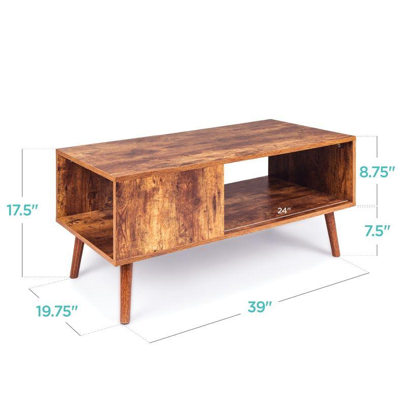 Mid-Century Modern Brown Wood Coffee Table with Storage Shelf