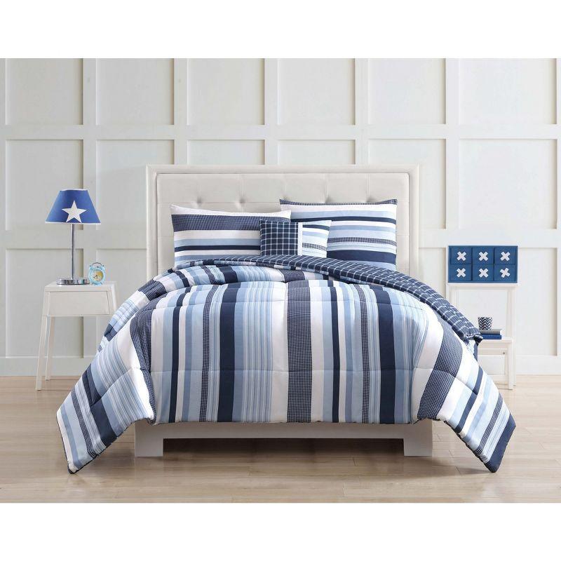 Blue Striped Twin Microfiber Reversible Comforter Set