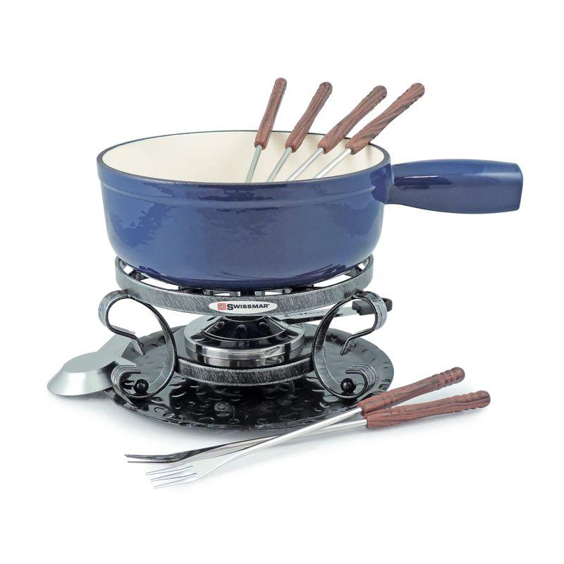 Deep Blue Cast Iron Cheese Fondue Set with Wooden Handles