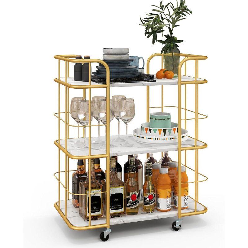 Gold 3-Tier Steel Bar Cart with Marble-Finish Shelves