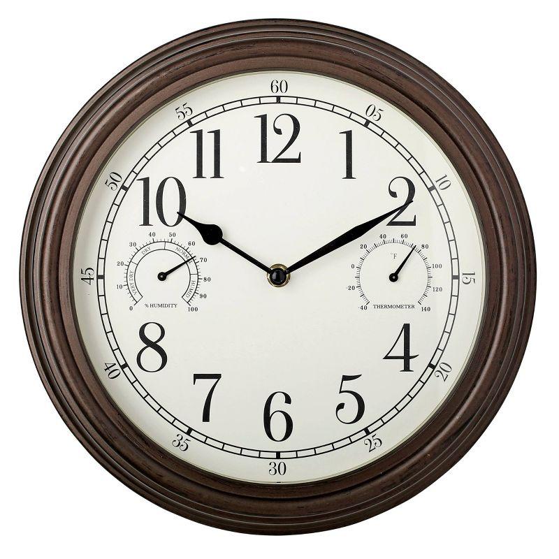 12" Outdoor Wall Clock with Weather Resistant Temperature/Humidity Dials - Westclox: Quartz Movement, Bronze Frame