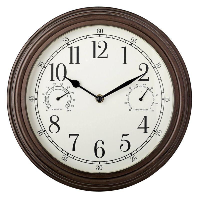 12" Brown Indoor/Outdoor Analog Wall Clock with Thermometer and Hygrometer