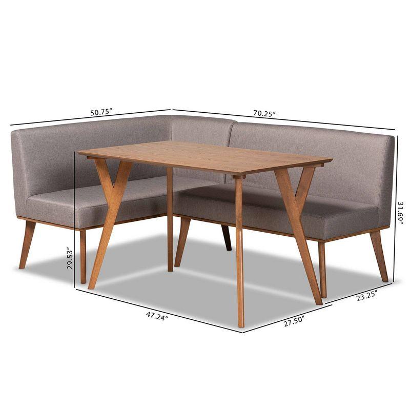 3pc Odessa Mid-Century Modern Fabric Upholstered Wood Dining Nook Set Walnut/Brown/Gray - Baxton Studio: Rectangle Table, Polyester Seat