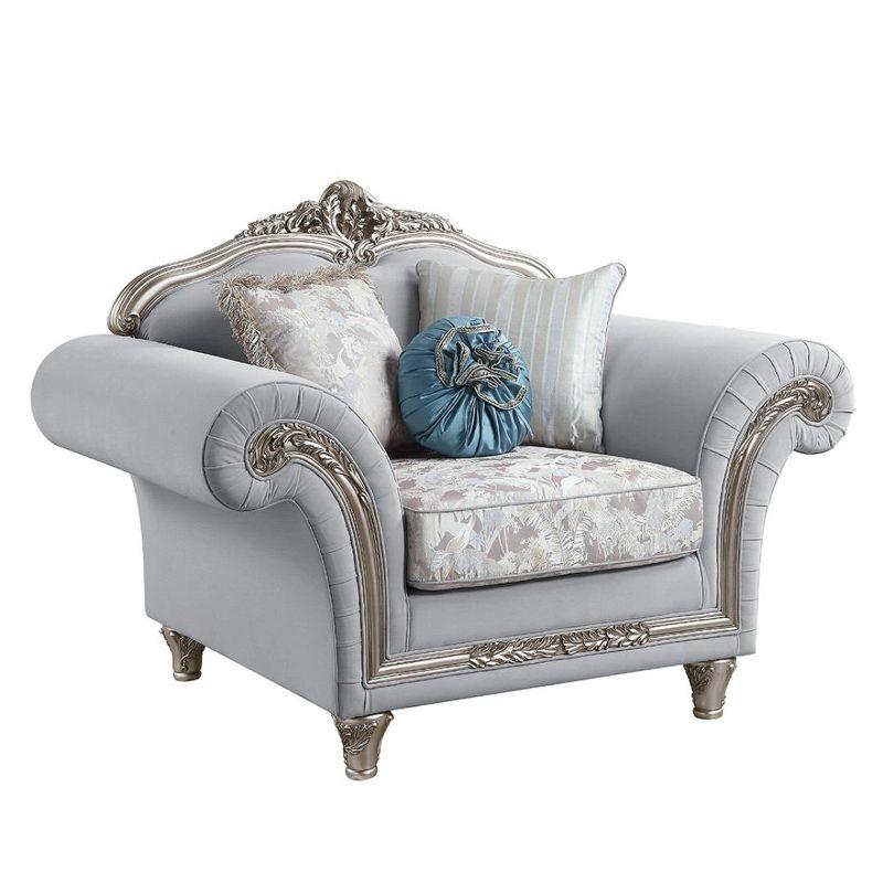 Luxurious Gray Linen & Platinum Wood Trim Accent Chair with Pillows