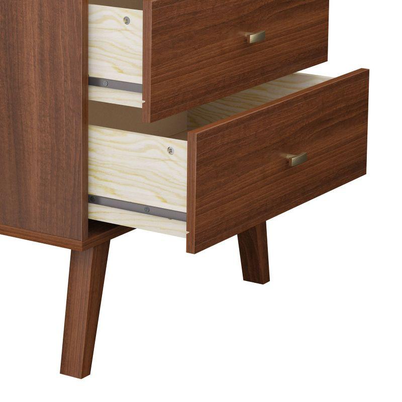 Milo Mid Century Modern 2 Drawer Nightstand Cherry - Prepac: Brushed Brass Knobs, Tapered Legs