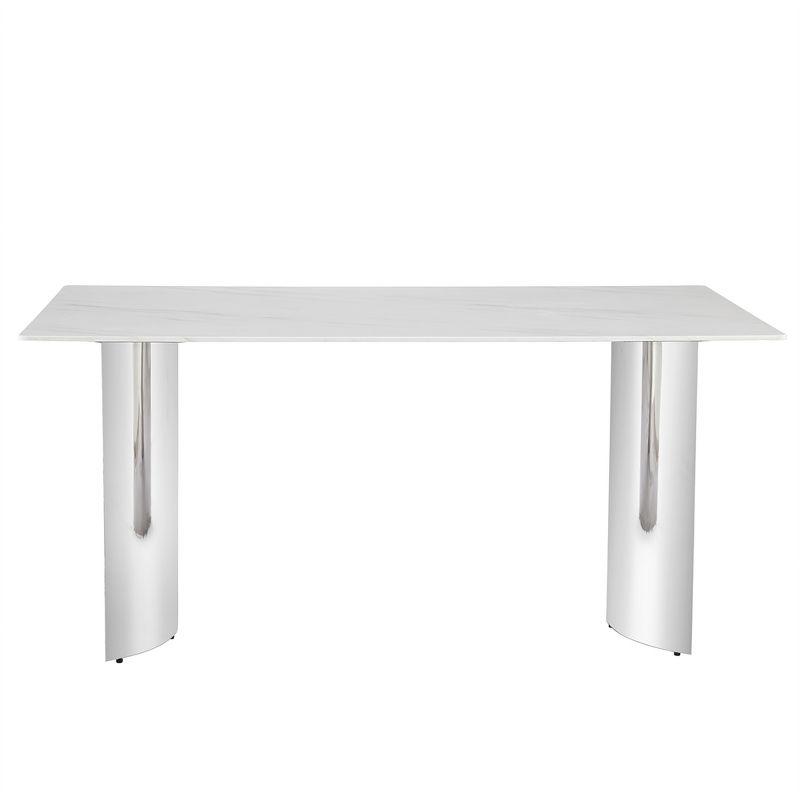 Modern Minimalist Dining Table, White Imitation Marble Glass Sticker Desktop, Stainless Steel Legs, Dining Table For Living Room Dining Room, White