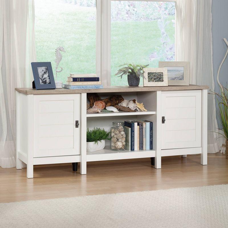 Soft White Farmhouse TV Stand with Cabinets and Shelves