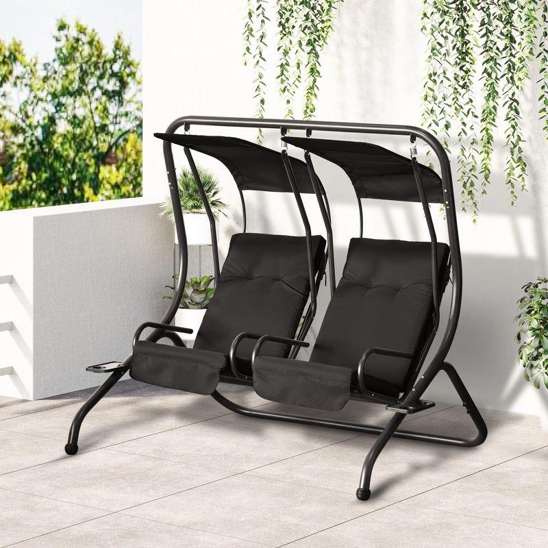 Outsunny Modern 2-Seater Outdoor Patio Swing Chair, Porch Seats with Cup Holder and Removeable Canopy, Black