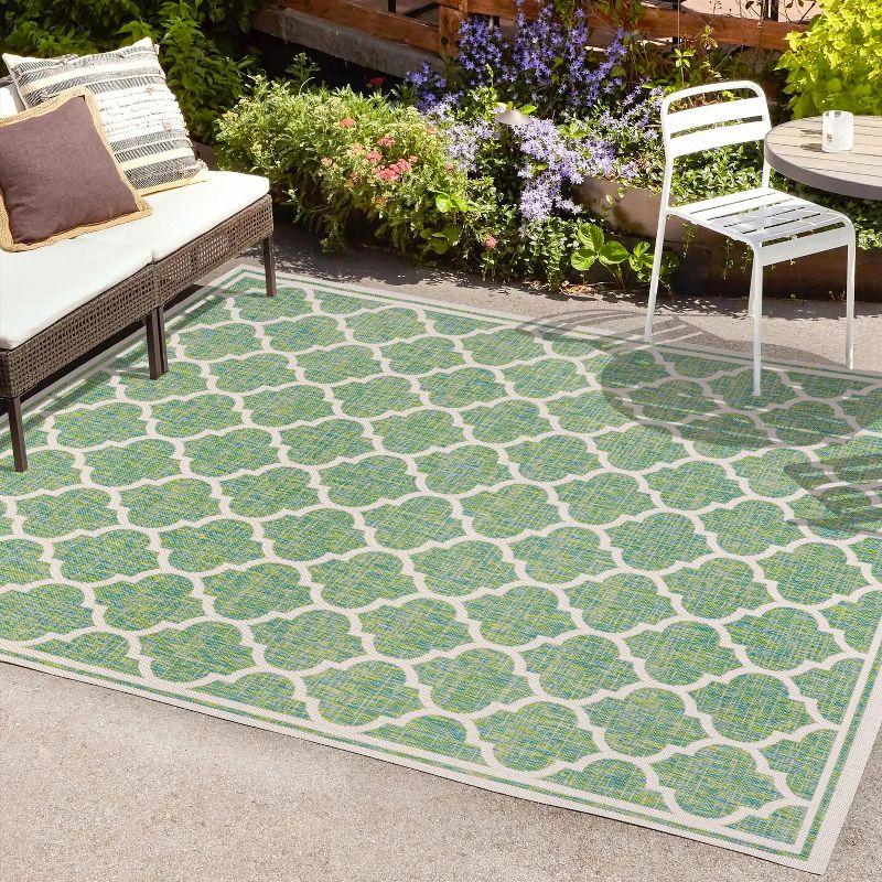 3' x 5' Trebol Moroccan Trellis Textured Weave Indoor/Outdoor Area Rug, Cream/Green - JONATHAN Y