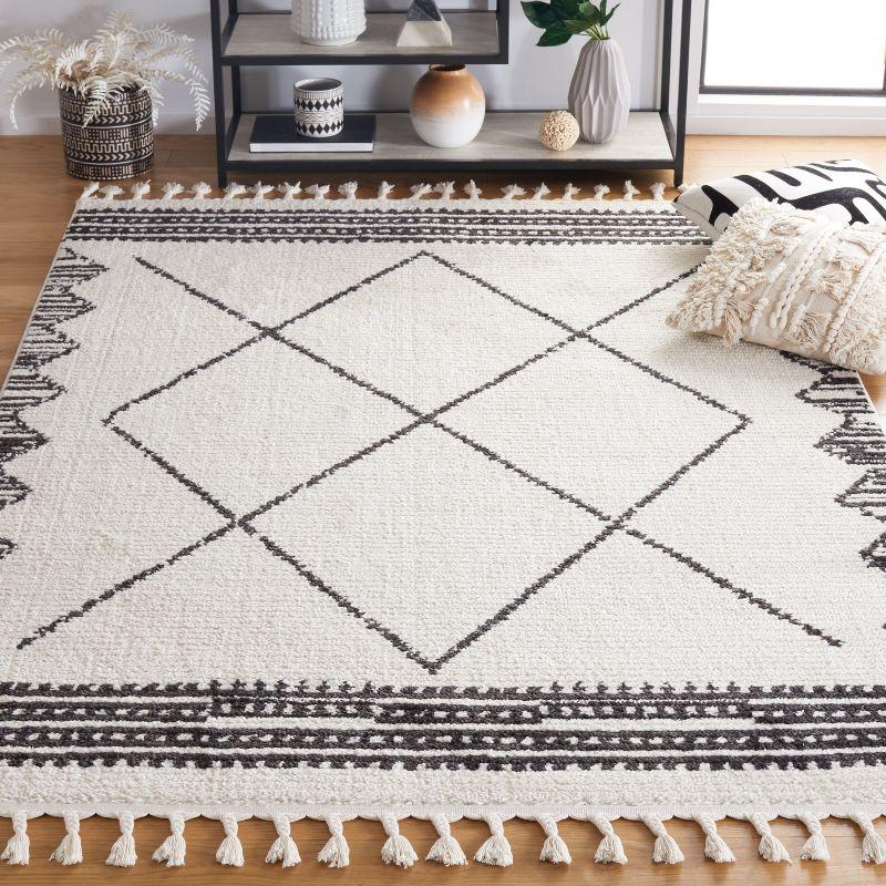 Ivory and Black Hand-Knotted Synthetic Area Rug, 8'8" x 12'