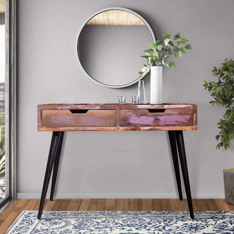 43" 2 Drawer Reclaimed Wood Console Table with Angled Legs and Pastel Accent Brown/Black - The Urban Port: Handcrafted, Cut Out Handles