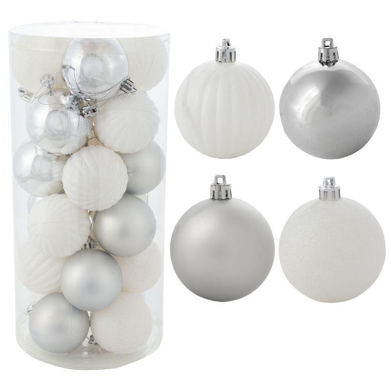 White and Silver Shatterproof Plastic Christmas Ornament Set