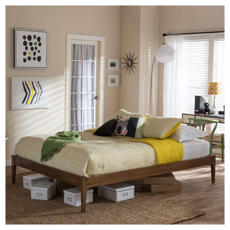 Baxton Studio Queen Bentley Mid-Century Modern Solid Wood Bed Frame Walnut Brown : Rubberwood, No Box Spring Needed