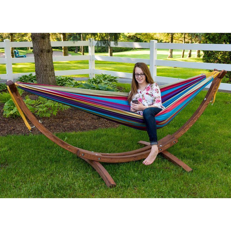 Vivere 8ft Double Cotton Hammock with Solid Pine Arc Stand - Tropical Color