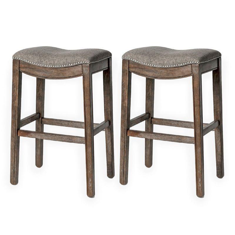 Maven Lane Adrien 31 Inch Bar Height Upholstered Backless Saddle Barstool in Dark Walnut Finish with Ash Grey Fabric Cushion Seat, Set of 2