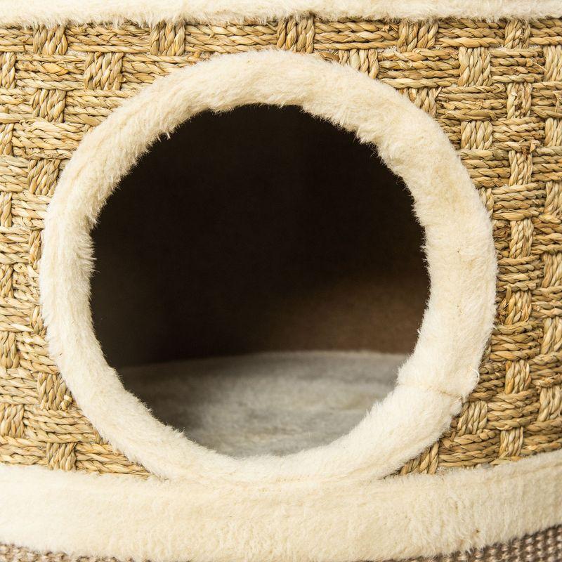 PawHut 28 Inch Cat Condo, 3 Story Cat Hideaway with Sisal Scratching Pad, Barrel Shaped Small Cat Tree for Indoor Cats, Khaki and Brown