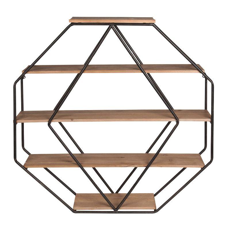 Rustic Brown Walnut & Black Metal Octagon Floating Wall Shelf